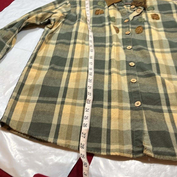 Lemon grass FALL LEAVES autumn thanksgivjng plaid SHIRT leather collar size 20 - Picture 12 of 16